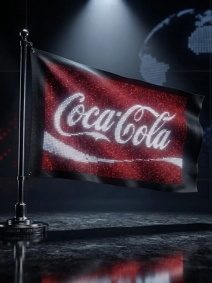 Coca-Cola moment playing across an LED display flag