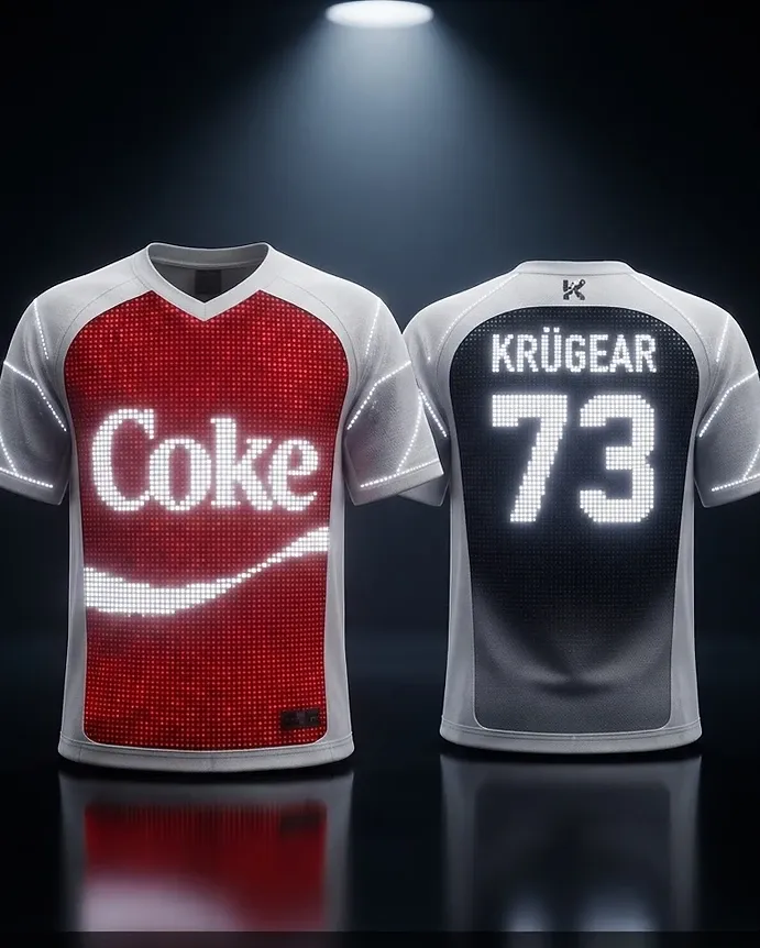 Coke branded moment on the KRÜGEAR smart LED jersey, front and back