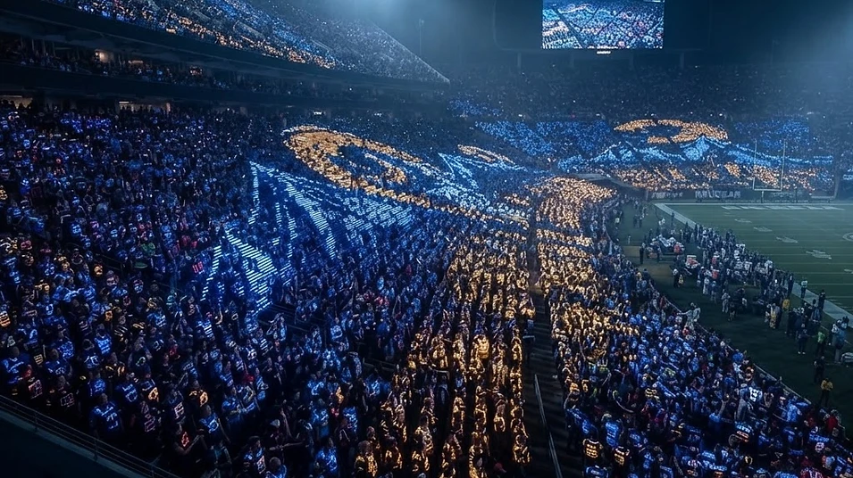 A whole stadium crowd lit as one synced KRÜ display