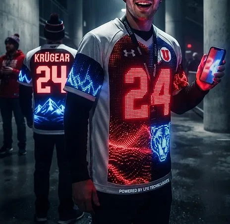 Two fans in lit KRÜGEAR jerseys — 24 up front, KRÜGEAR 24 on the back behind